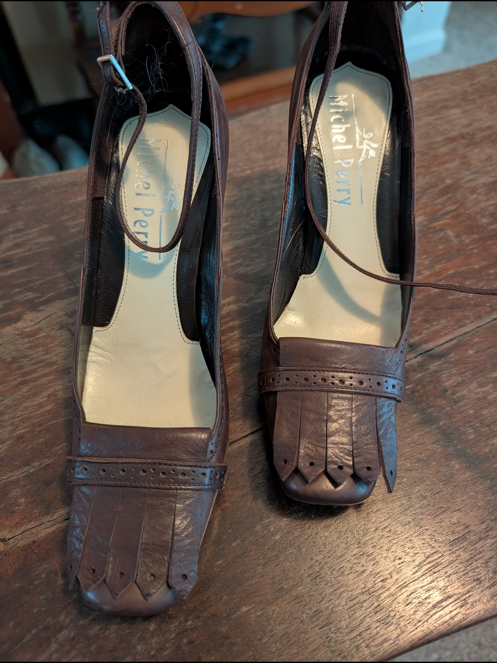 Michel Perry Brown Leather Fringe Pumps with Ankle Tie